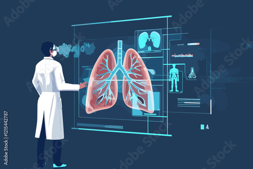 Doctor using robotics to diagnose and research virtual human lungs affected by Covid-19, showcasing medical innovation in a laboratory setting.