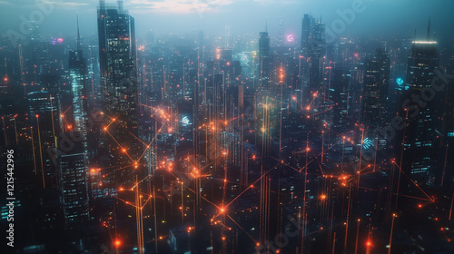 Wallpaper Mural Smart digital Innovation city with connection network reciprocity over the twilight cityscape. of future smart wireless digital city and social media networking systems that connects people with city Torontodigital.ca