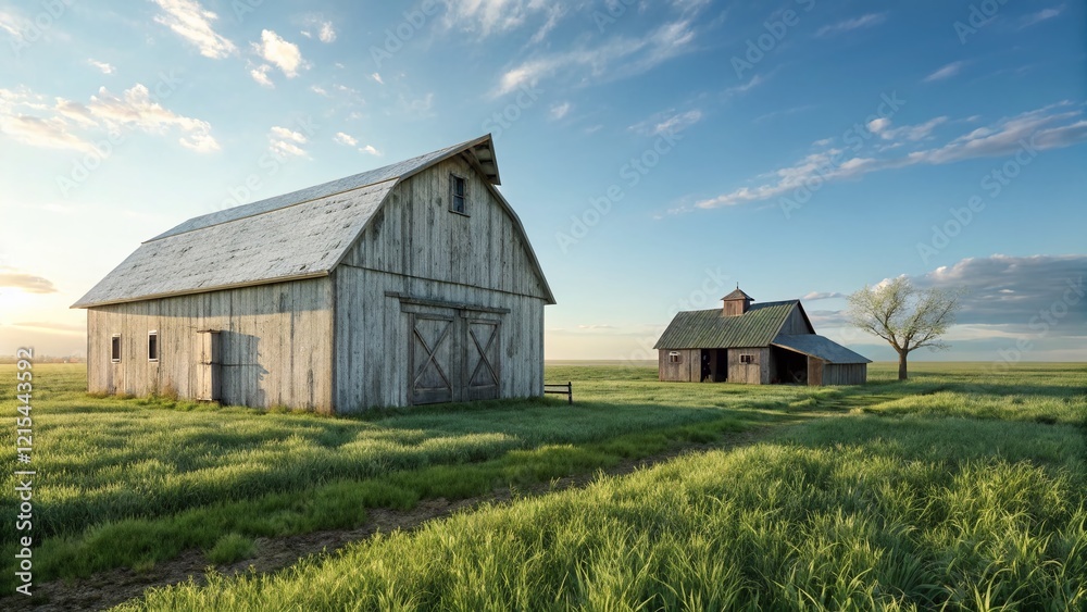 Rustic Barn & Shed in Sunny Field - Idyllic Countryside Landscape Stock Photo Rustic Barn & Shed in Sunny Field - Idyllic Countryside Landscape Stock Photo