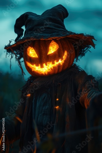 Lighted Pumpkin Scarecrow Field Halloween Night photo