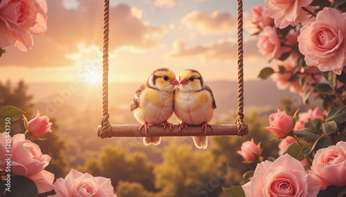 Two lovebirds on swing surrounded by blooming roses