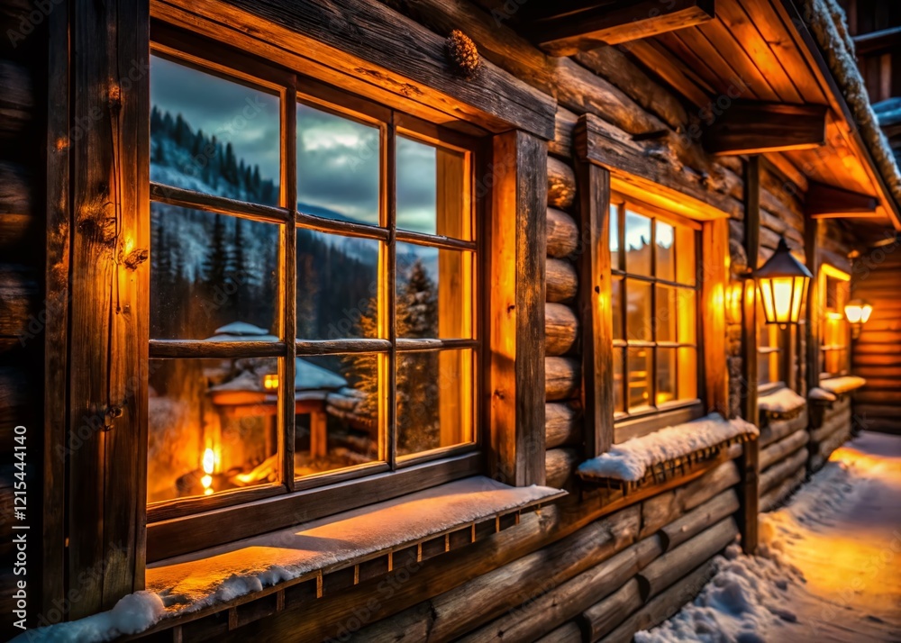 Rustic Cabin Lodge Windows at Night - Low Light Photography Rustic Cabin Lodge Windows at Night - Low Light Photography