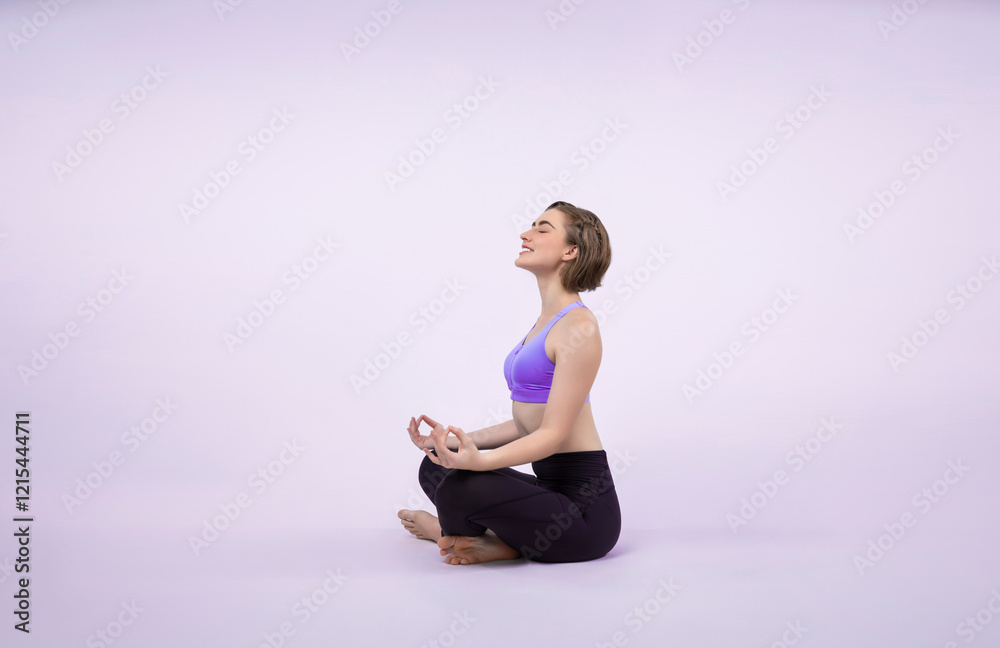 Fototapeta premium Full body length gaiety shot athletic and sporty woman doing healthy and meditative yoga exercise workout posture on isolated background. Healthy active and body care lifestyle