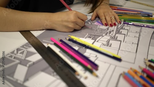 A creative woman sketching and designing in a well-lit workspace with colorful markers and papers.Ideal for concepts of creativity, design, art, focus, ideas to life. photo