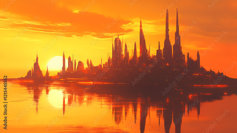 Naklejka premium A futuristic cityscape silhouetted against a blazing orange sky with reflections in the water. Blazing Horizon. Illustration