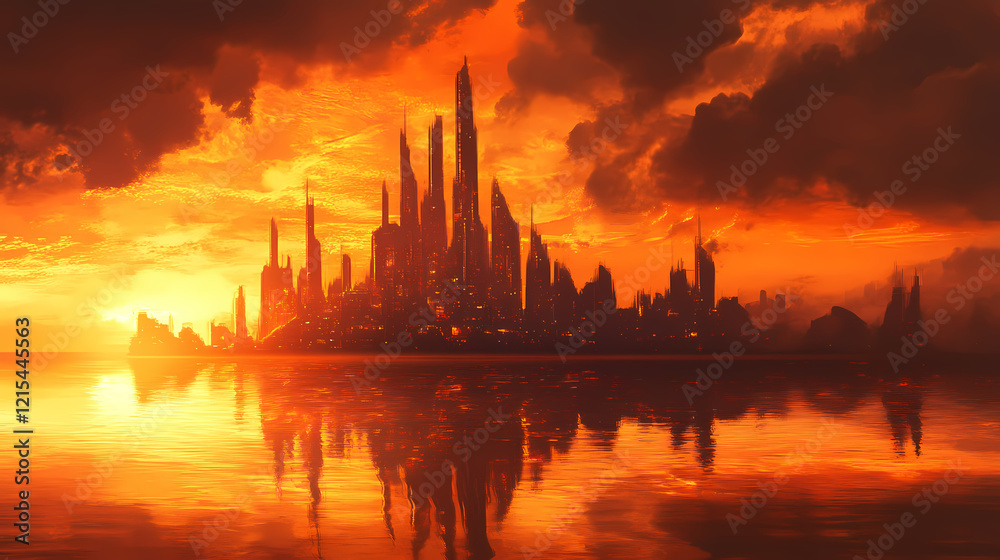 Naklejka premium A futuristic cityscape silhouetted against a blazing orange sky with reflections in the water. Blazing Horizon. Illustration
