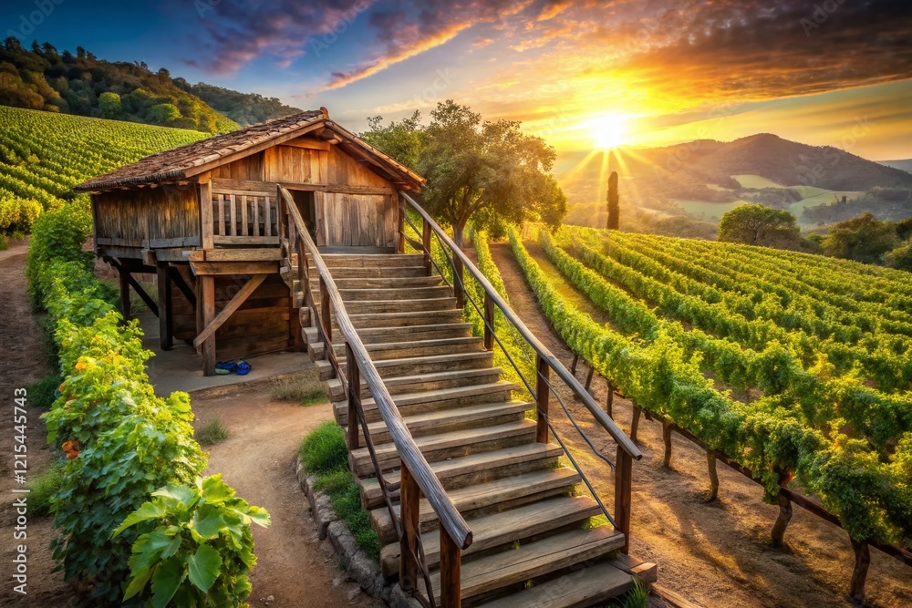 Rustic Italian Cantina with Wooden Staircase - Scenic Landscape Photography Rustic Italian Cantina with Wooden Staircase - Scenic Landscape Photography