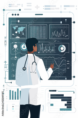 Doctor with stethoscope analyzing medical data and growth charts, showcasing healthcare business and medical technology in a hospital environment.