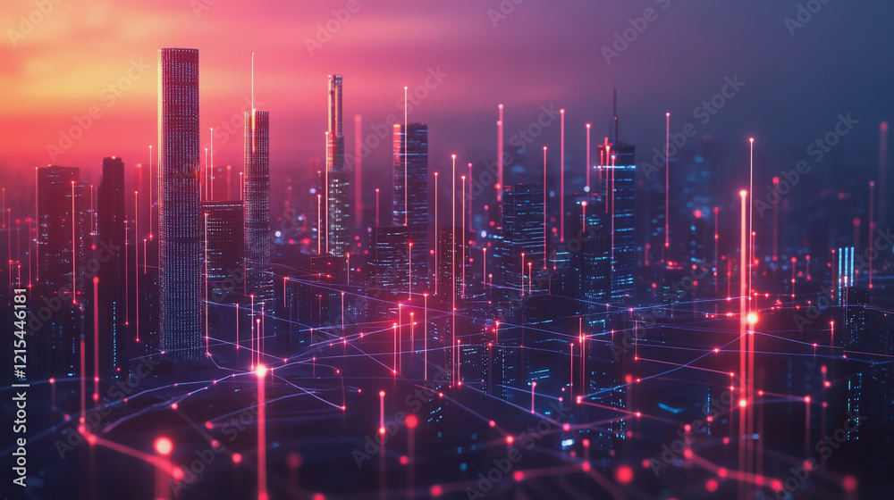 Fototapeta premium Smart digital Innovation city with connection network reciprocity over the twilight cityscape. of future smart wireless digital city and social media networking systems that connects people with city