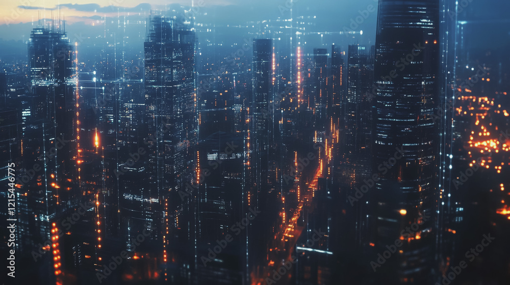 Obraz premium Smart digital Innovation city with connection network reciprocity over the twilight cityscape. of future smart wireless digital city and social media networking systems that connects people with city