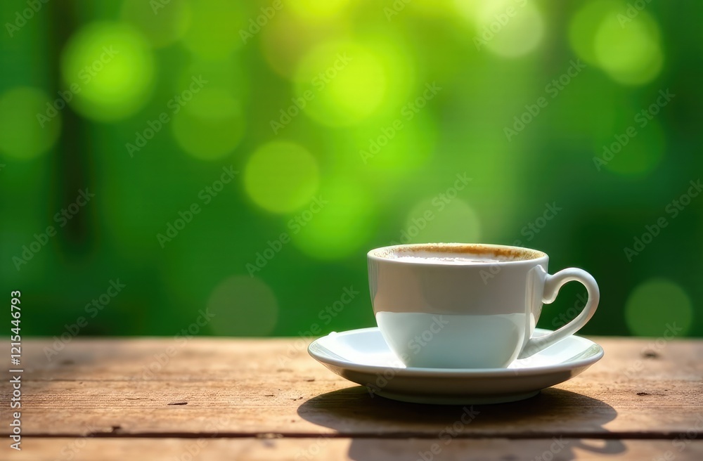 Obraz premium Morning coffee, coffee on wooden table Green background