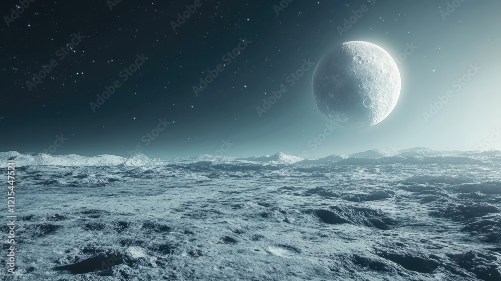 Moon overlooking desolate, icy landscape on calm night Moon overlooking desolate, icy landscape on calm night