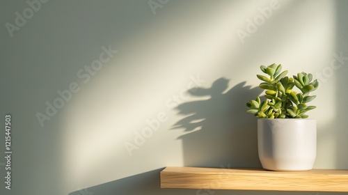 Sunlight casts delicate shadows on green wall, highlighting succ photo