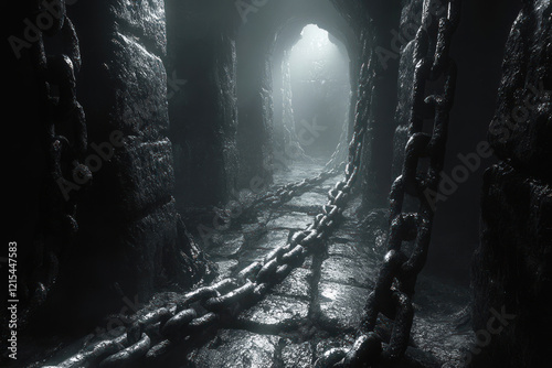 a dark underground corridor lined with stone slabs. The walls of the corridor are massive, covered with moisture and traces of time, which creates an atmosphere of antiquity and mystery.   photo