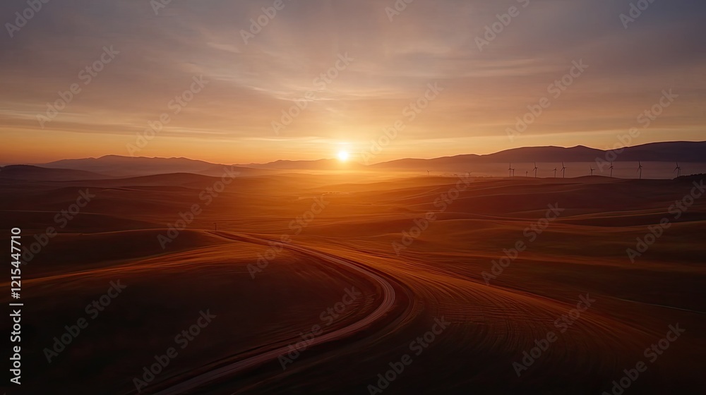 Fototapeta premium Golden sunset casts warm light over rolling hills and winding ro