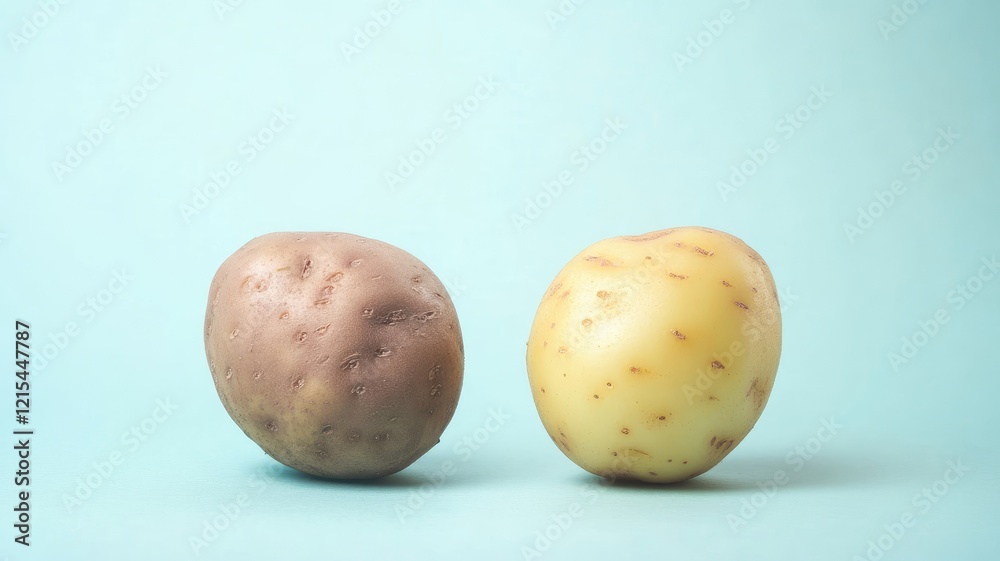 Fototapeta premium Two potatoes, one white, brown, on light blue background