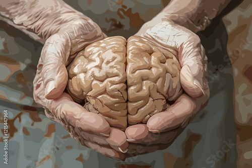 Elderly Woman's Hands Holding Brain, Symbolizing Alzheimer's Disease and Memory Loss