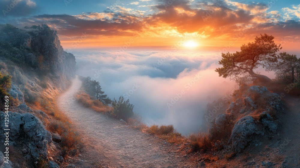 Fototapeta premium Mountain path sunset cloudscape, scenic vista