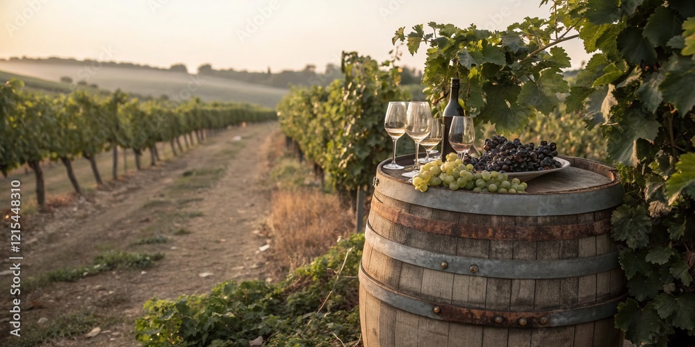 Rustic Winery Still Life: Bottles, Wine Glasses, Grapes & Barrel in a Rural Setting Rustic Winery Still Life: Bottles, Wine Glasses, Grapes & Barrel in a Rural Setting