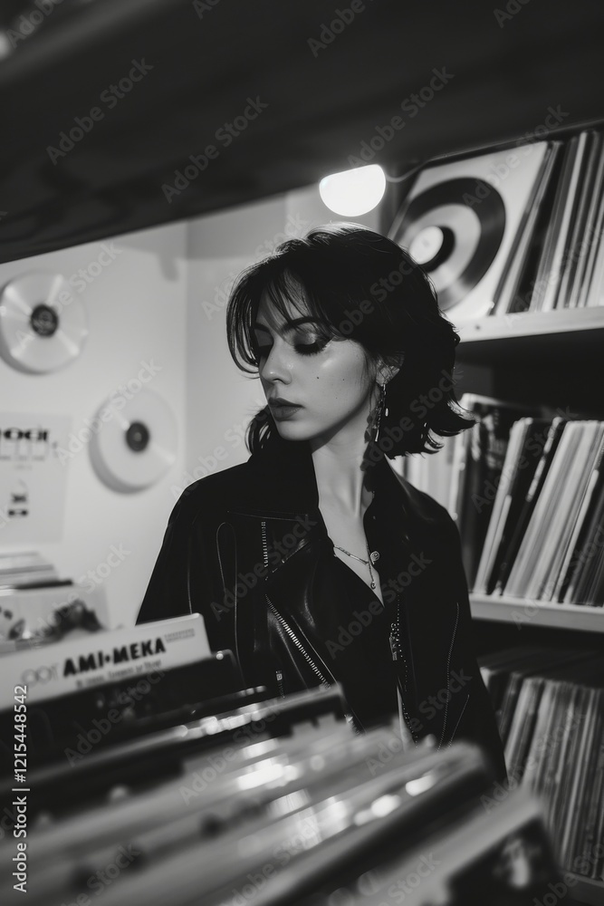 Naklejka premium Punk, goth rock girl browsing through vinyl records in a punk music store. Wearing leather jacket and dark make-up. Fashion. Style. Black and white. 