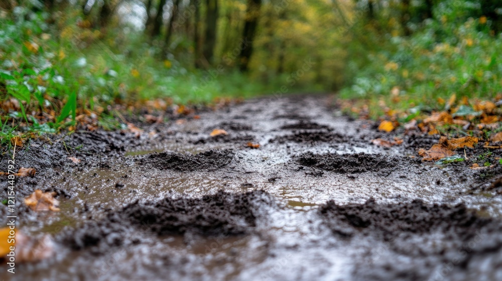 Muddy forest trail, autumn leaves, water puddles, hiking Muddy forest trail, autumn leaves, water puddles, hiking