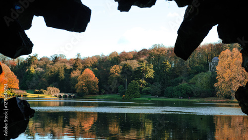 Lake, gardens, park, cave, silhouette, trees, UK, Stourhead, lake, trees, autumn, Dorset,, 