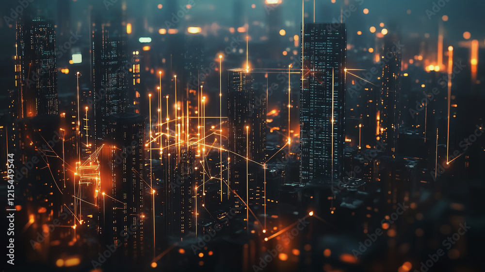 Obraz premium Smart digital Innovation city with connection network reciprocity over the twilight cityscape. of future smart wireless digital city and social media networking systems that connects people with city