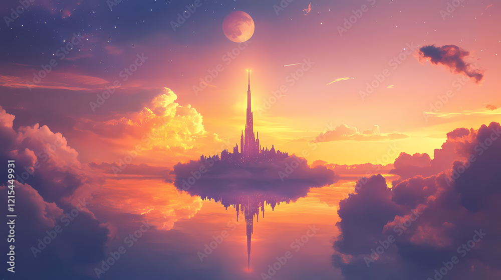 Floating city, celestial bodies, cloudscape, sunset hues. Celestial Spire. Illustration Floating city, celestial bodies, cloudscape, sunset hues. Celestial Spire. Illustration