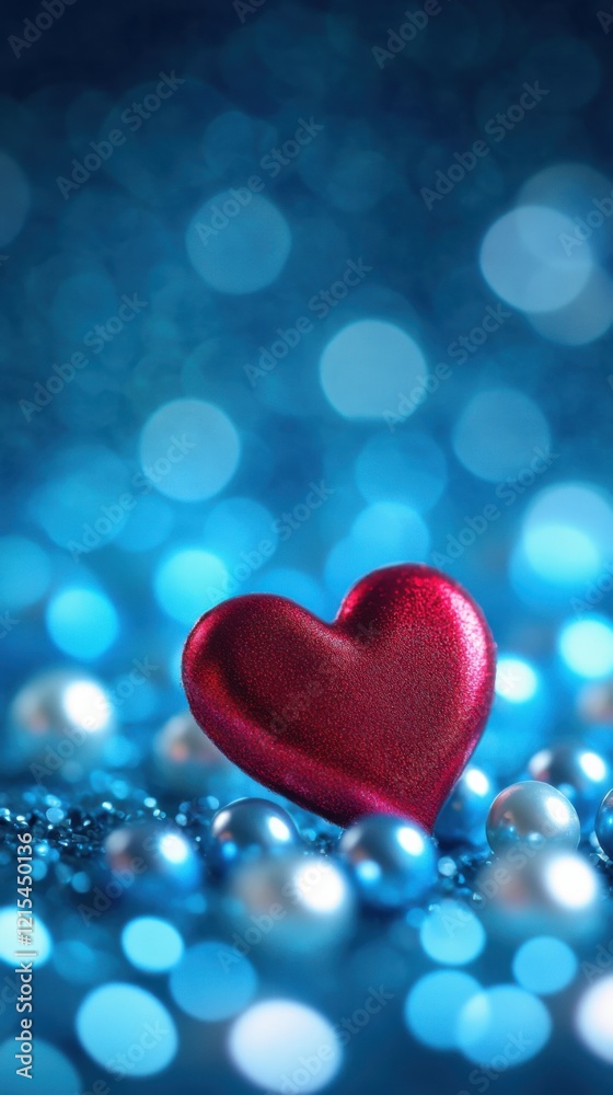 Bright red heart on shimmering blue background with pearls and bokeh effect creating a romantic atmosphere Bright red heart on shimmering blue background with pearls and bokeh effect creating a romantic atmosphere