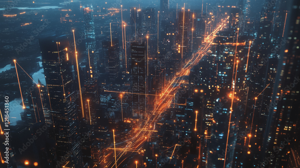 Fototapeta premium Smart digital Innovation city with connection network reciprocity over the twilight cityscape. of future smart wireless digital city and social media networking systems that connects people with city