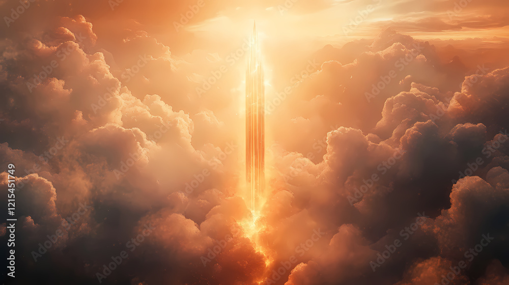 Fototapeta premium Towering glowing spire surrounded by mystical clouds and celestial light in a fantasy realm. Celestial Spire. Illustration