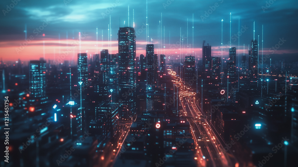 Smart digital Innovation city with connection network reciprocity over the twilight cityscape. of future smart wireless digital city and social media networking systems that connects people with city Smart digital Innovation city with connection network reciprocity over the twilight cityscape. of future smart wireless digital city and social media networking systems that connects people with city