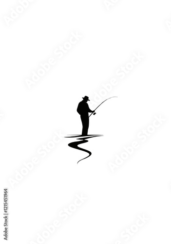 Silhouette Vector Illustration of a Fisherman Standing in Water Fishing with a Curved Rod