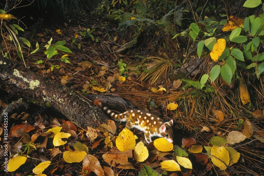 A spotted quoll with distinctive spots, hunting among fallen leaves in a temperate rainforest in Tasmania. A spotted quoll with distinctive spots, hunting among fallen leaves in a temperate rainforest in Tasmania.