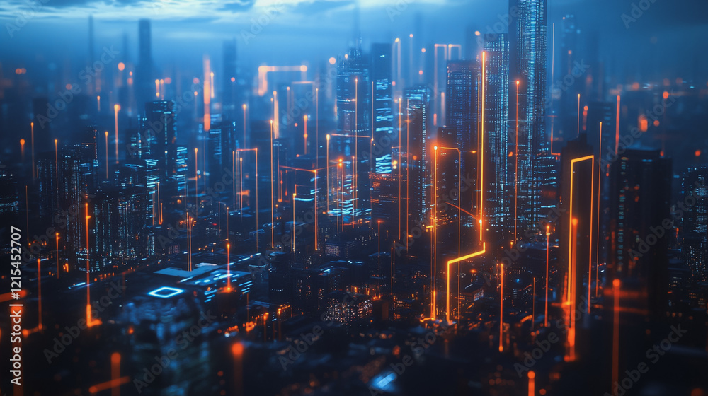 Smart digital Innovation city with connection network reciprocity over the twilight cityscape. of future smart wireless digital city and social media networking systems that connects people with city Smart digital Innovation city with connection network reciprocity over the twilight cityscape. of future smart wireless digital city and social media networking systems that connects people with city