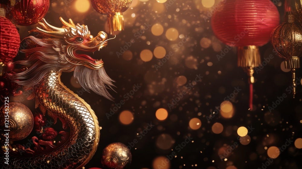 Obraz premium Traditional Chinese New Year Template. Wide format perfect for web and email banners. 3D rendered oriental dragon with bokeh lights and festive decorations for digital marketing.