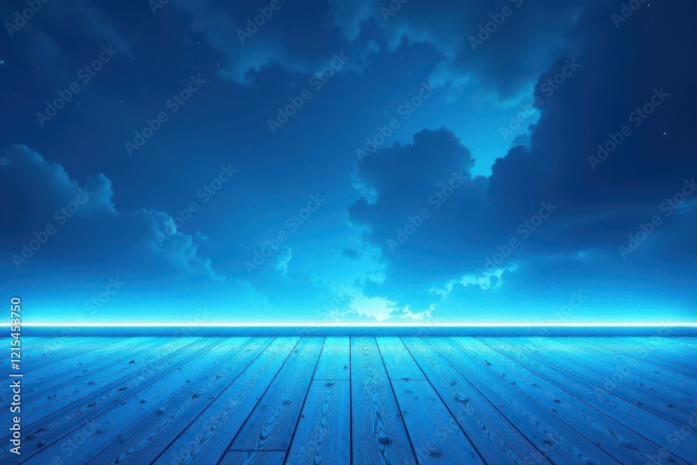 Icy blue lights reflect on white wooden floor, White wooden floor, Dark sky Icy blue lights reflect on white wooden floor, White wooden floor, Dark sky