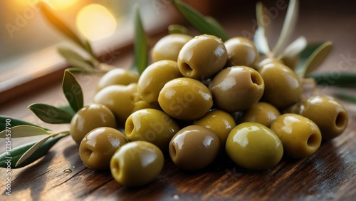 Fresh green olives arranged beautifully on wooden surface with olive leaves in warm light photo