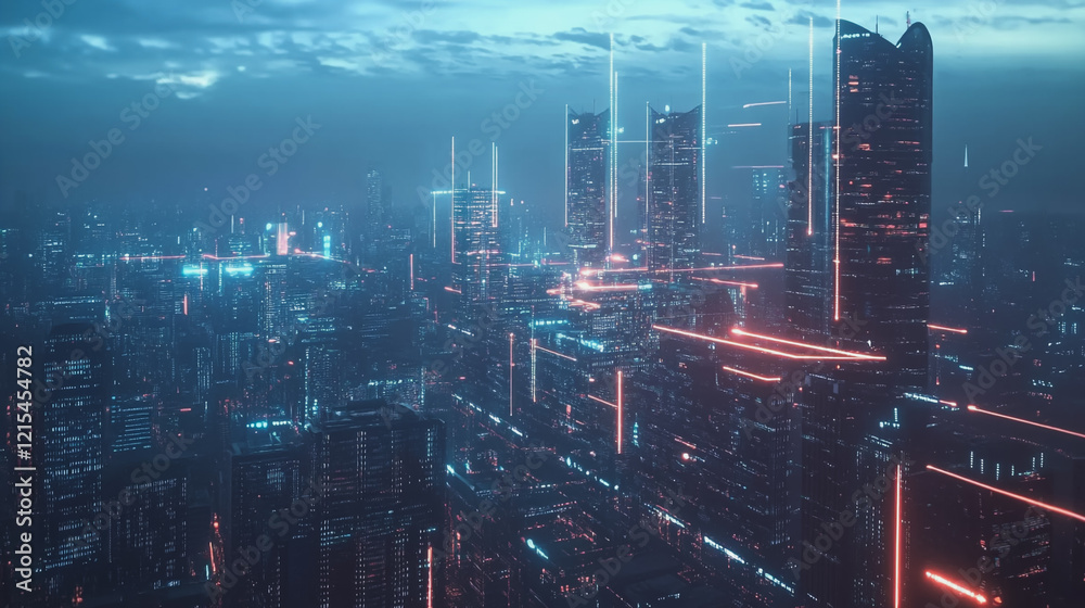 Fototapeta premium Smart digital Innovation city with connection network reciprocity over the twilight cityscape. of future smart wireless digital city and social media networking systems that connects people with city