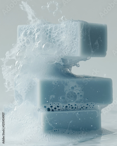 Stack of blue soap bars with suds and bubbles