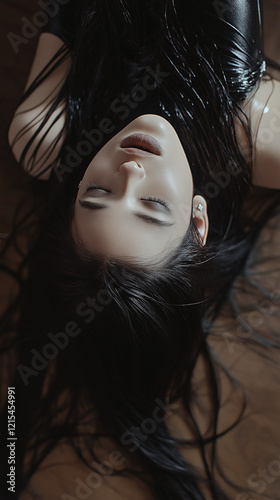 Woman in latex suit expressing pleasure.