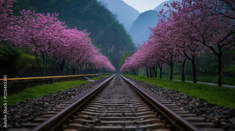 Fototapeta premium Scenic railway lined with cherry blossom trees under a misty mountain landscape during early springtime