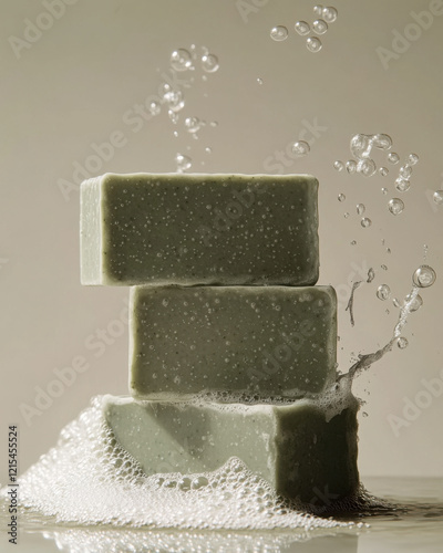 Stack of three natural green soap bars with splashing water and bubbles