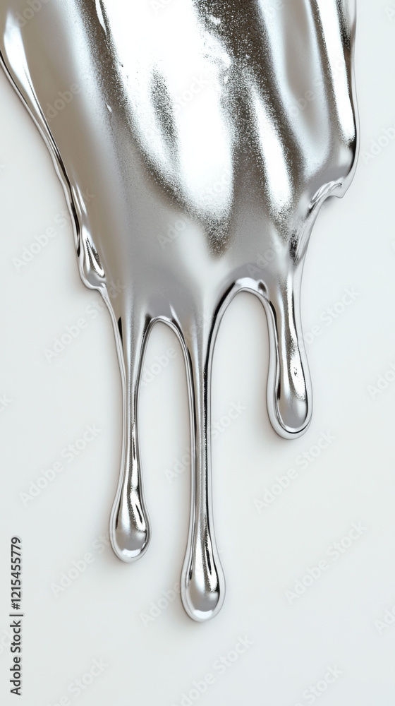 Abstract metallic liquid dripping on white surface with smooth texture and reflective shine