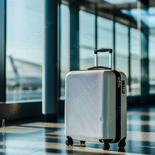 Silver luggage rolling suitcase carry on at the airport