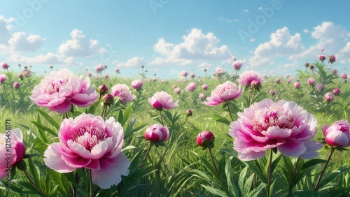 Fototapeta Naklejka Na Ścianę i Meble -  Vibrant pink peonies bloom in a sunny field under a bright blue sky