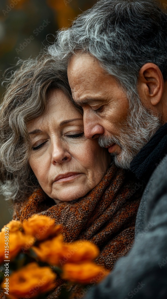 An elderly couple shares a moment of closeness outdoors, as they embrace while holding flowers, conveying themes of love, care, and connection in a natural setting. An elderly couple shares a moment of closeness outdoors, as they embrace while holding flowers, conveying themes of love, care, and connection in a natural setting.