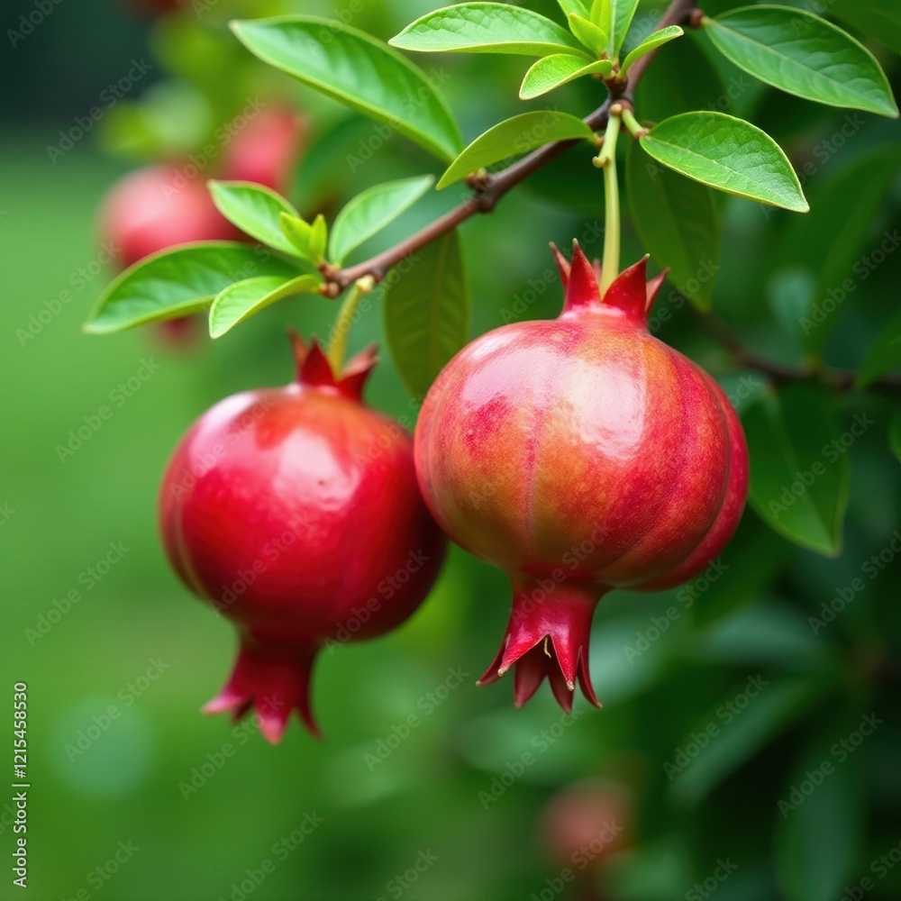 Red pomegranate flower in full bloom against a green background, garden, foliage, branches Red pomegranate flower in full bloom against a green background, garden, foliage, branches