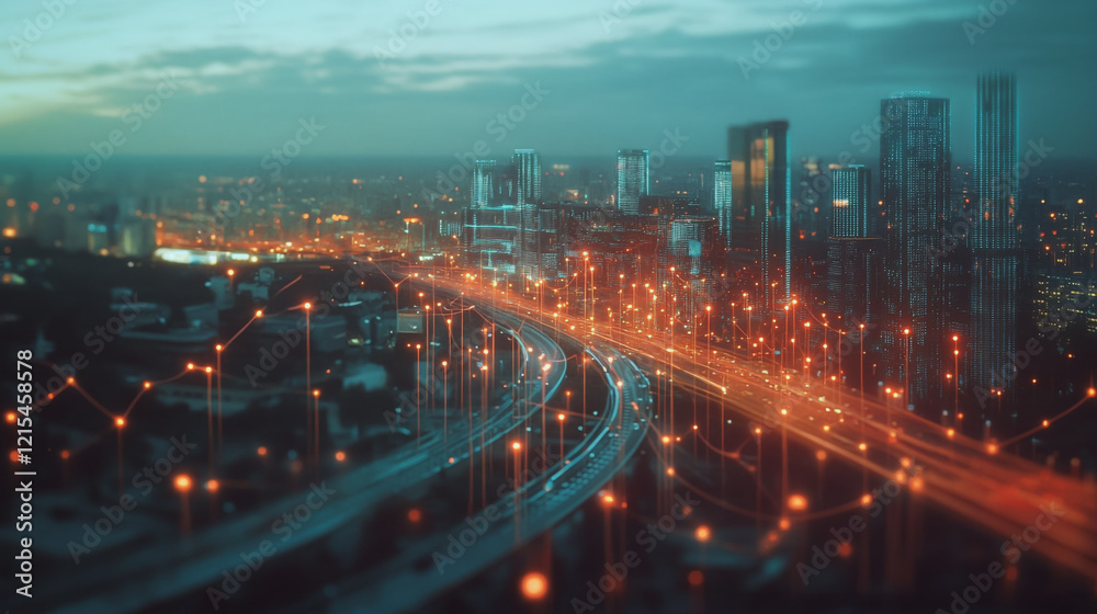 Smart digital Innovation city with connection network reciprocity over the twilight cityscape. of future smart wireless digital city and social media networking systems that connects people with city Smart digital Innovation city with connection network reciprocity over the twilight cityscape. of future smart wireless digital city and social media networking systems that connects people with city