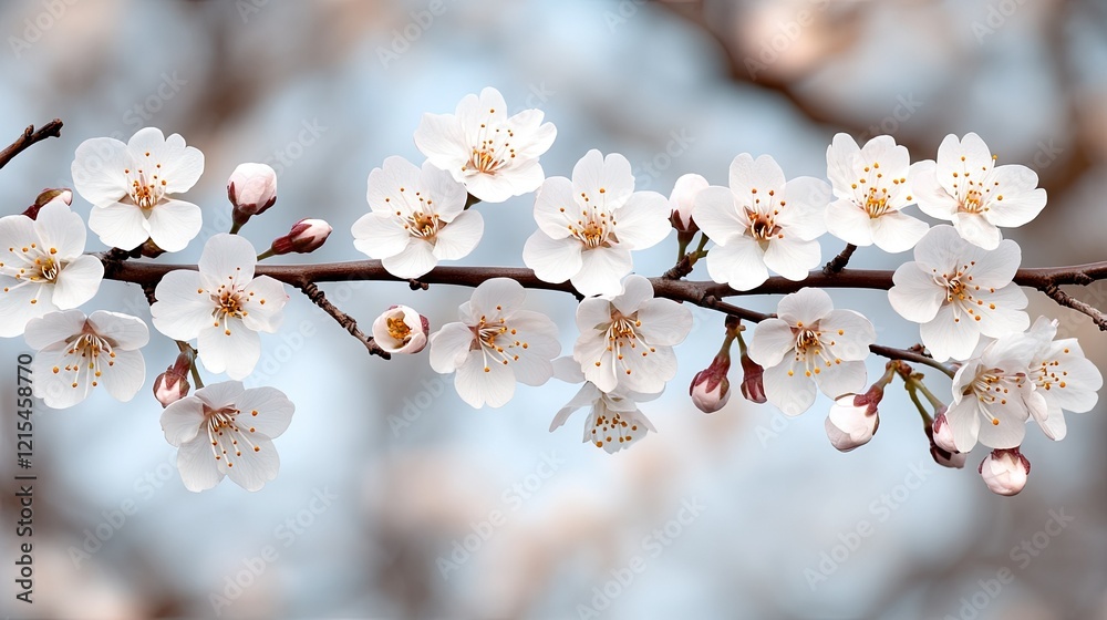 Cherry blossoms bloom on a delicate branch in spring, showcasing their beauty against a soft blurred background Cherry blossoms bloom on a delicate branch in spring, showcasing their beauty against a soft blurred background